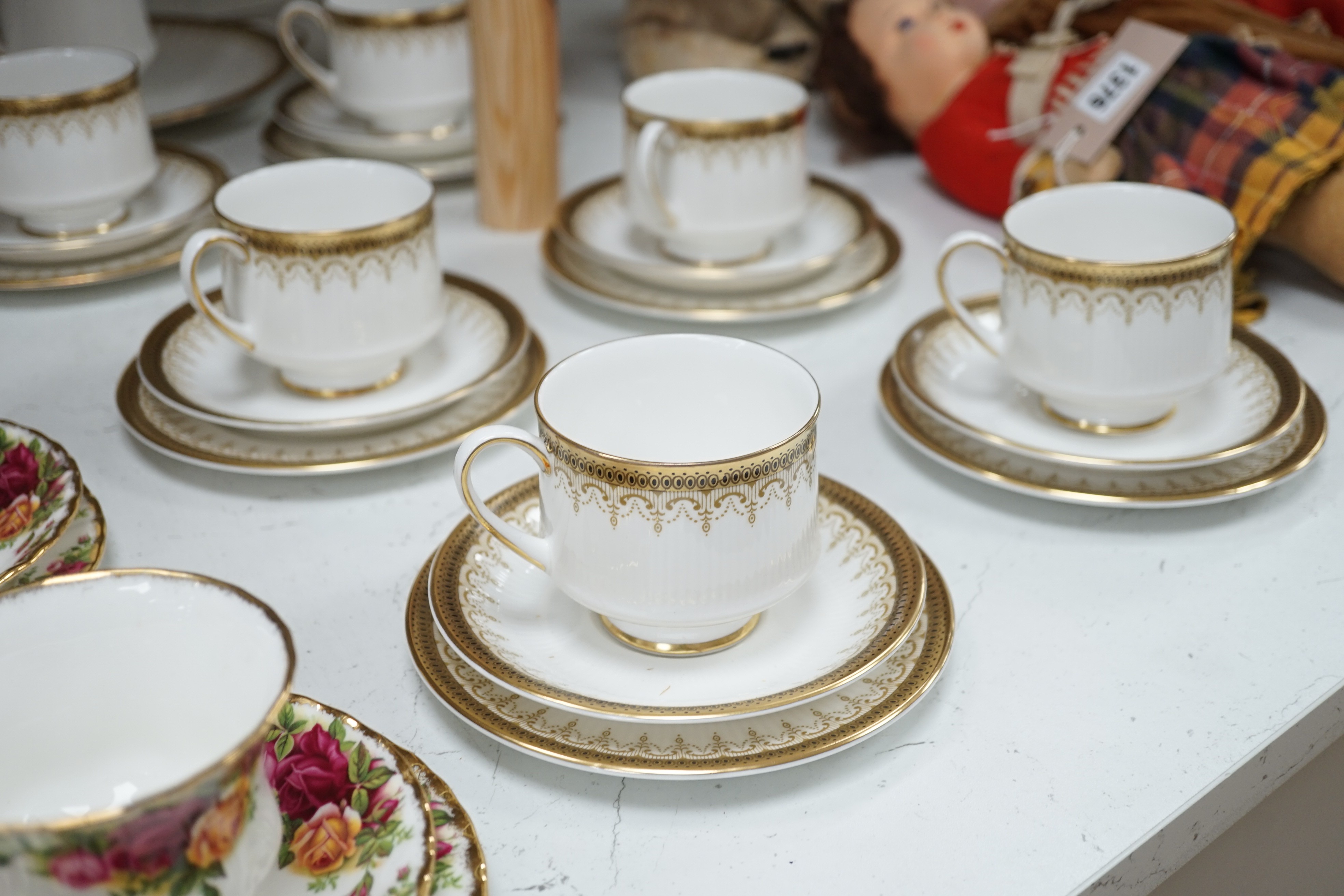 Four sets and part sets of bone china tableware, to include Royal Doulton Apple Blossom H4899, Royal Albert Old Country Roses, Paragon Athena, Tuscan Windsor, and Royal Vale D669. Approx 84 pieces